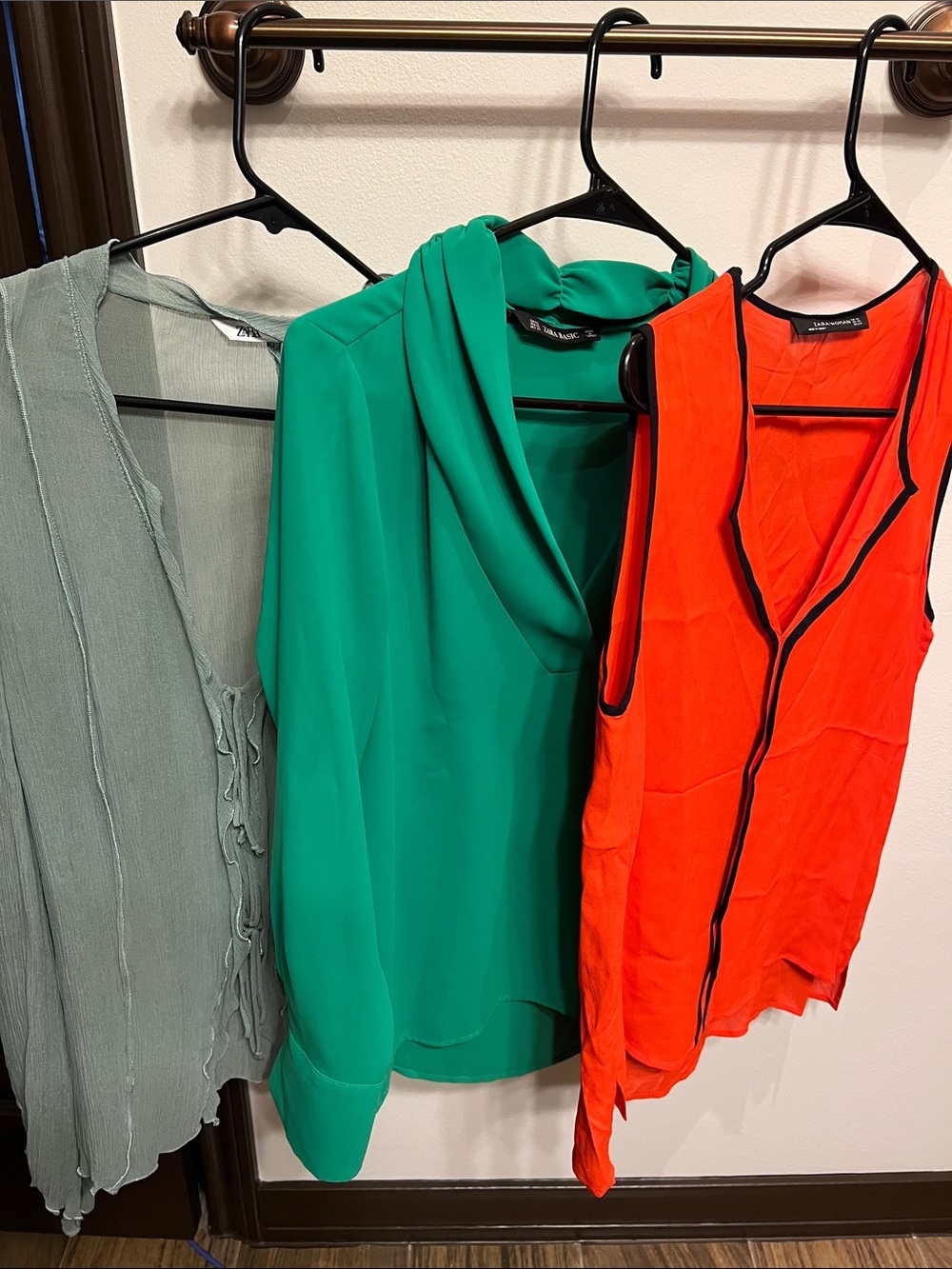 Lot of 3 Zara Tops: Sage, Emerald Draped Neck, and Red Blouse